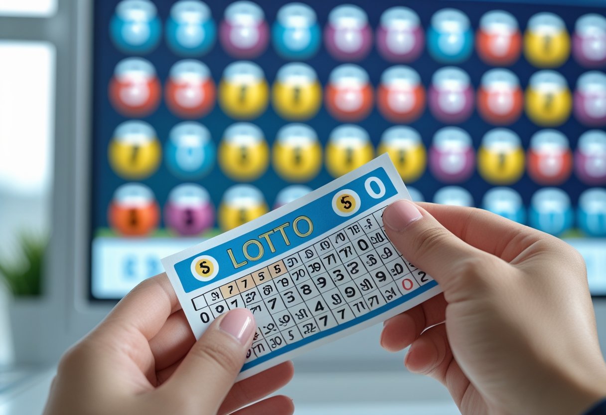 A hand holding a lottery ticket with colorful numbered balls displayed on a digital board in the background.