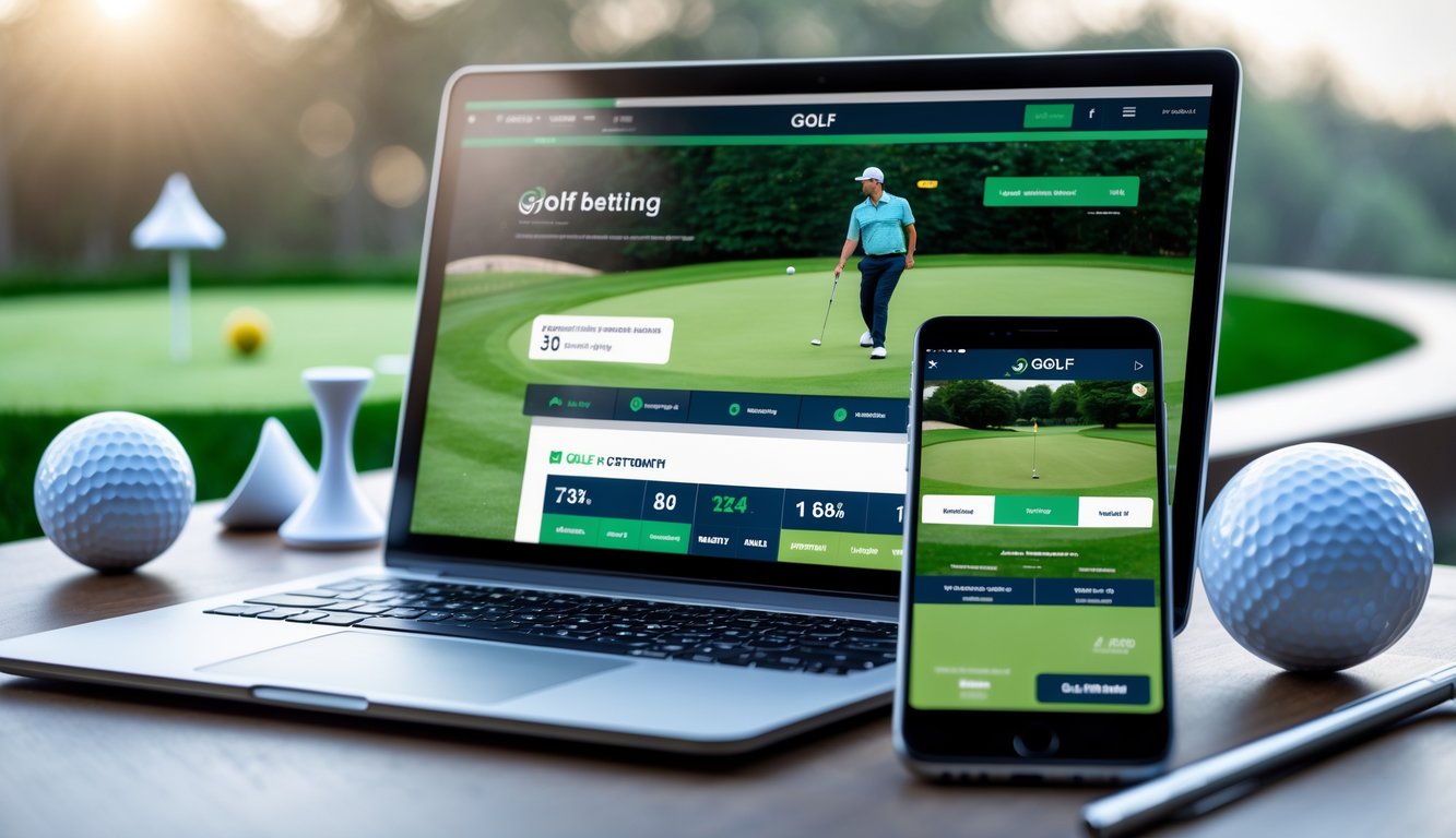 Seorang pria menggunakan laptop dan ponsel di meja dengan bola golf dan tee di sampingnya.