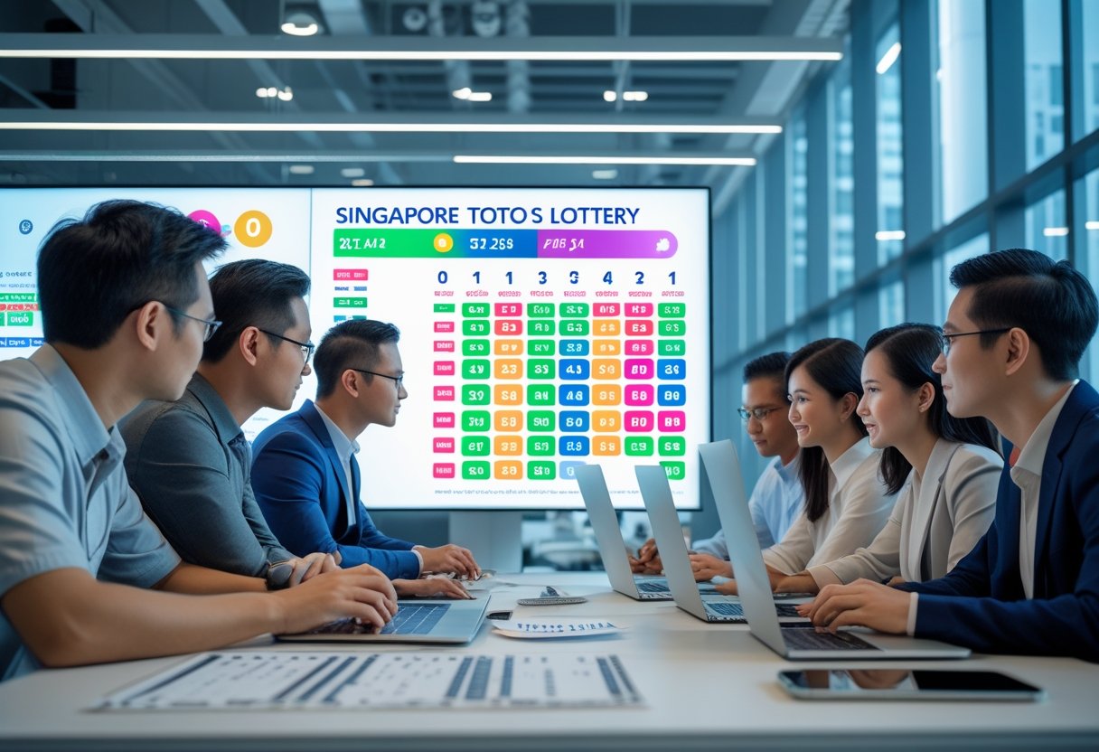 People in an office looking at a large screen showing colorful lottery number grids and charts, with laptops and smartphones on a desk nearby.