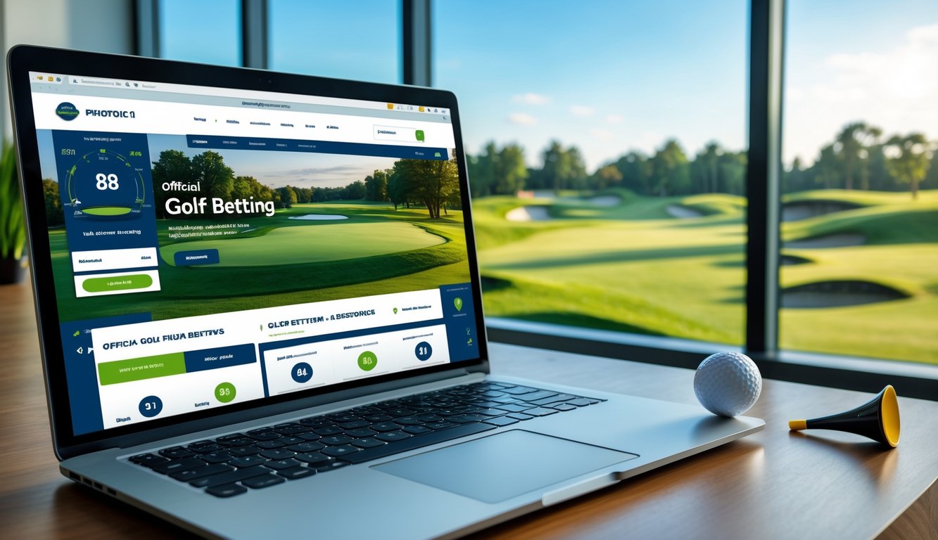 Meja kerja dengan laptop yang menampilkan situs taruhan golf, bola golf dan tee di atas meja, latar belakang lapangan golf hijau terlihat melalui jendela besar.
