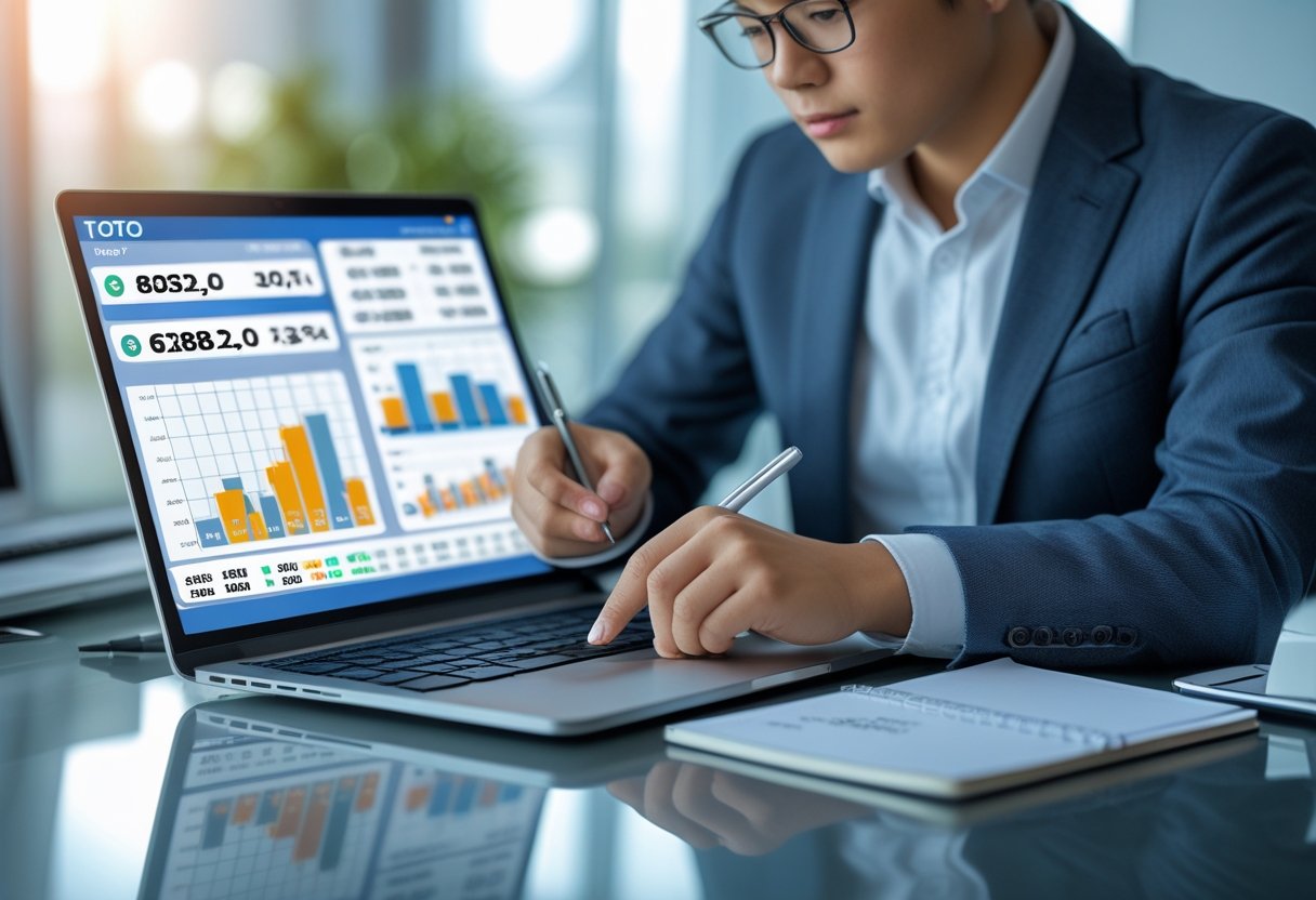 A person analyzing lottery numbers and trends on digital devices at a desk in an office.