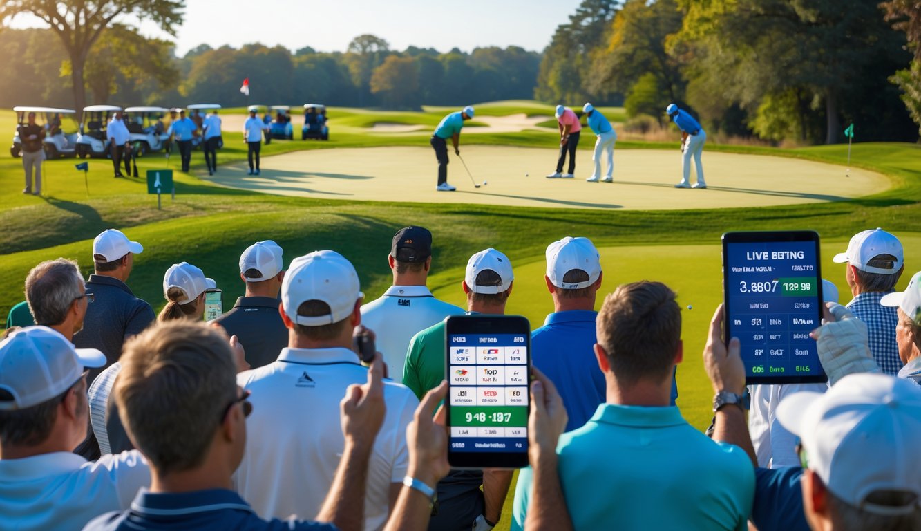 Suasana turnamen golf dengan pemain yang sedang bermain dan penonton yang memperhatikan sambil memegang perangkat elektronik.