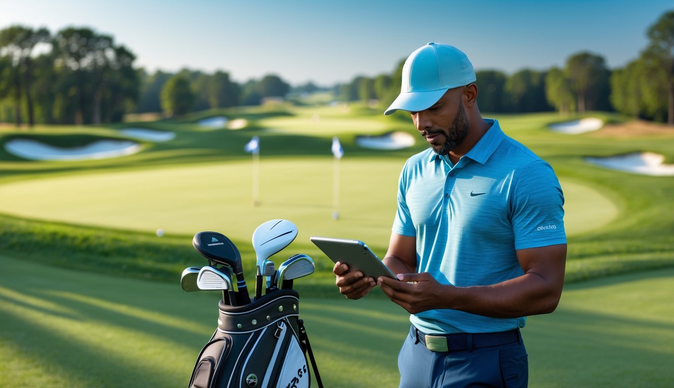 Seorang pria sedang menganalisis prediksi taruhan golf dengan tablet di lapangan golf yang hijau dan cerah.