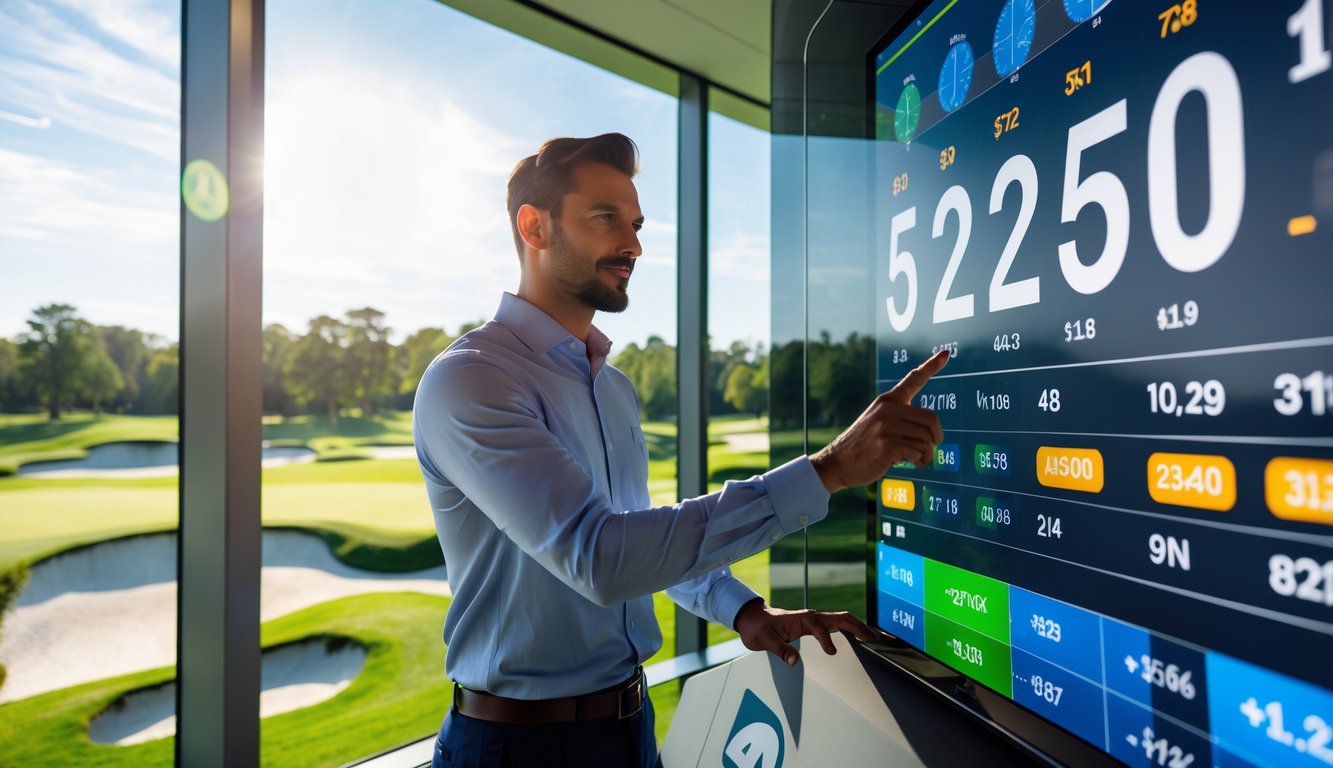 Seorang pria berpakaian kasual rapi sedang melihat layar digital dengan data peluang golf tinggi di latar belakang lapangan golf yang hijau.