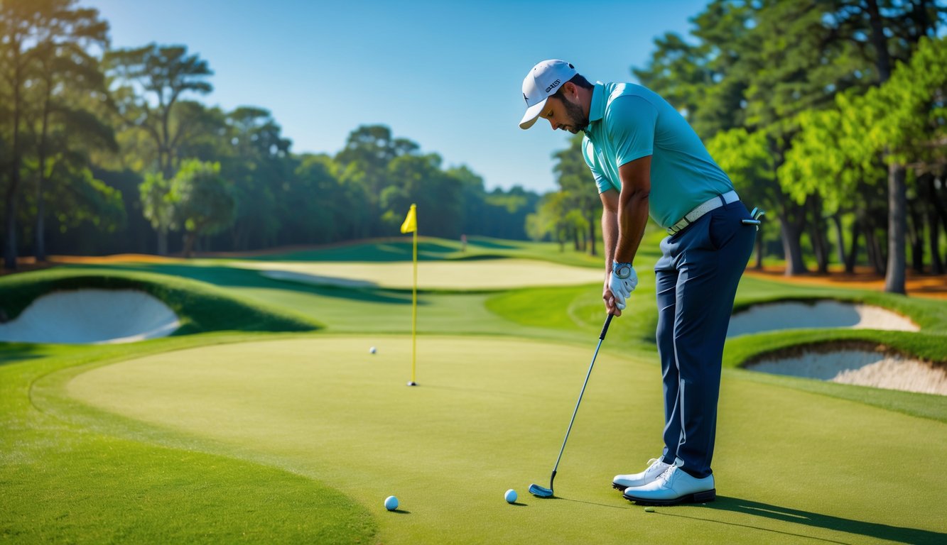 Seorang pegolf sedang bersiap mengambil pukulan di lapangan golf yang hijau dan cerah.