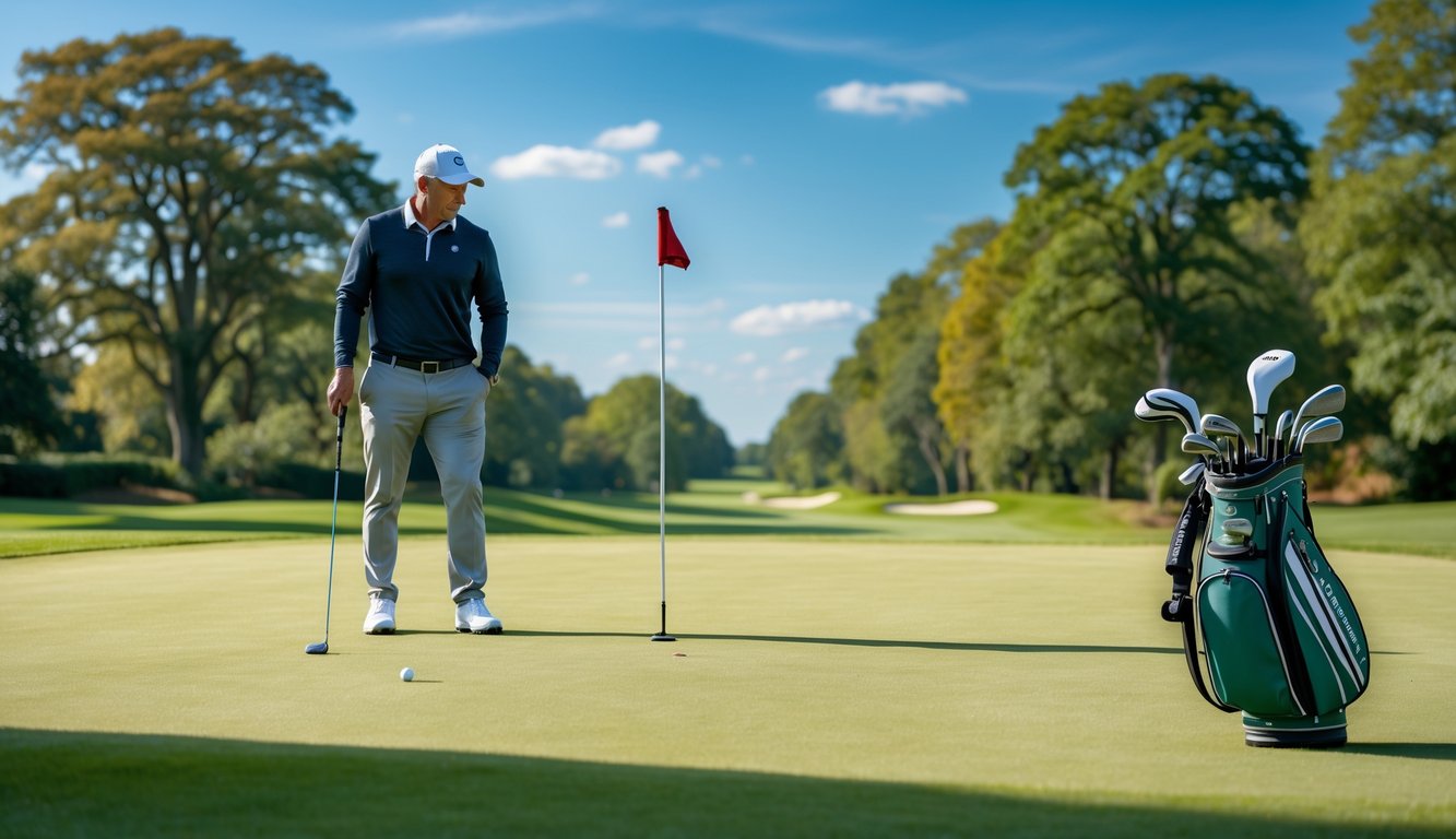 Seorang pegolf sedang bersiap memukul bola di lapangan golf yang hijau dan cerah dengan pepohonan di sekitarnya.