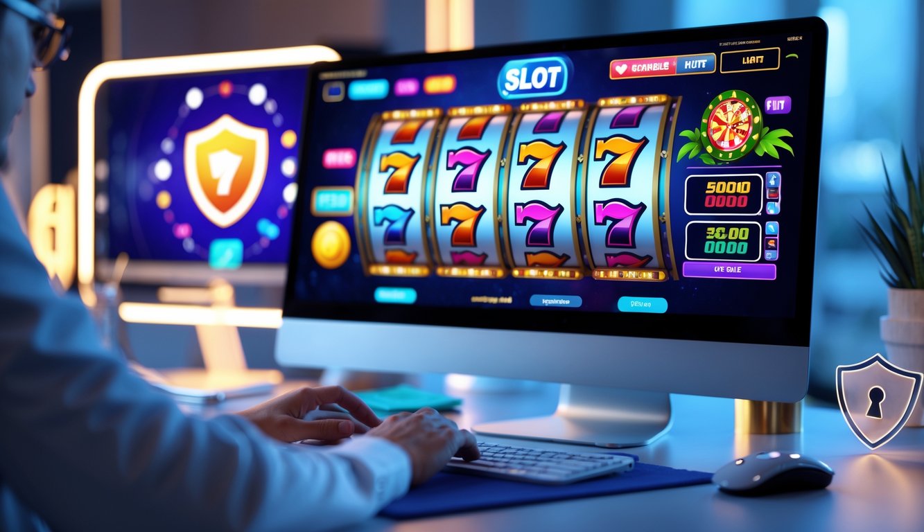 Seorang pengguna bermain permainan slot online di komputer dengan tampilan grafis warna-warni di layar dalam lingkungan kerja yang rapi dan terang.