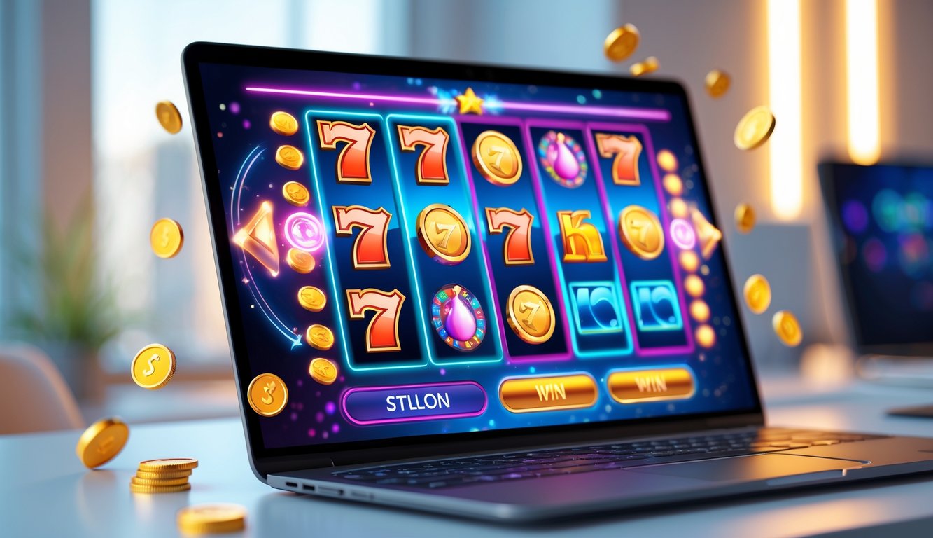 Sebuah komputer dengan layar menampilkan permainan mesin slot online yang berwarna-warni dan dinamis di sebuah ruang kerja yang rapi.