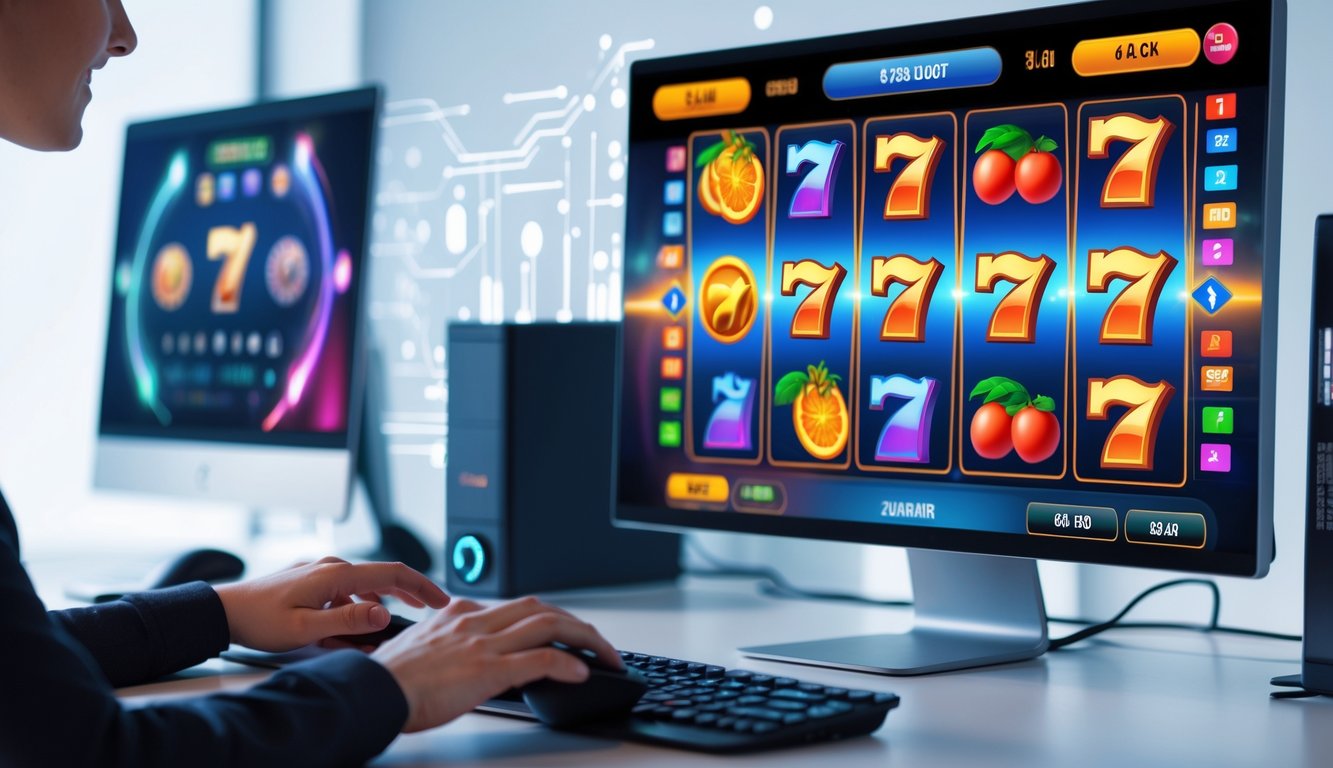 Seseorang sedang bermain game slot online di komputer dengan layar menampilkan grafis permainan yang berwarna-warni.