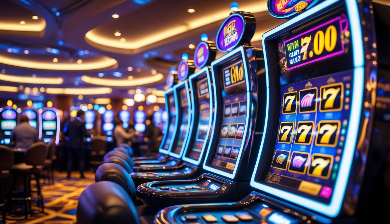 Suasana kasino dengan deretan mesin slot modern yang menyala dan orang-orang bermain dengan ekspresi antusias.