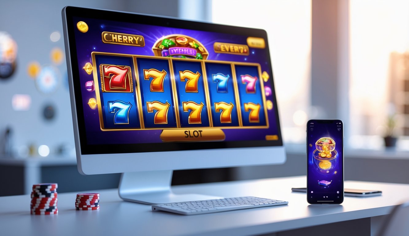 Layar komputer dan ponsel menampilkan permainan slot online terbaru dengan simbol warna-warni di atas meja bersih.