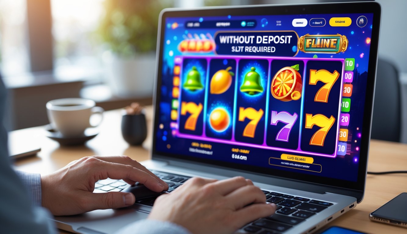 Seseorang bermain permainan slot online di komputer dengan layar menampilkan simbol slot berwarna-warni.
