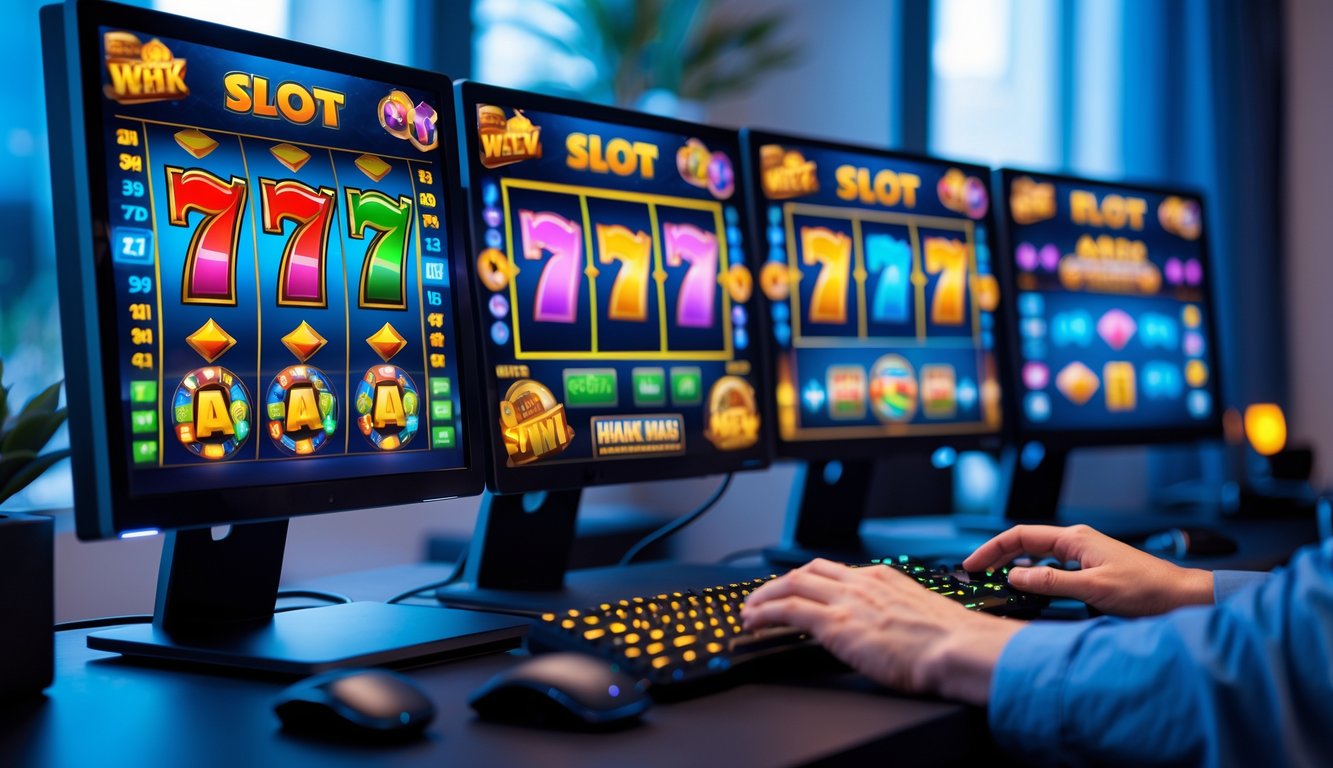 Seseorang sedang bermain permainan slot online di komputer dengan beberapa monitor di meja kerja yang rapi.