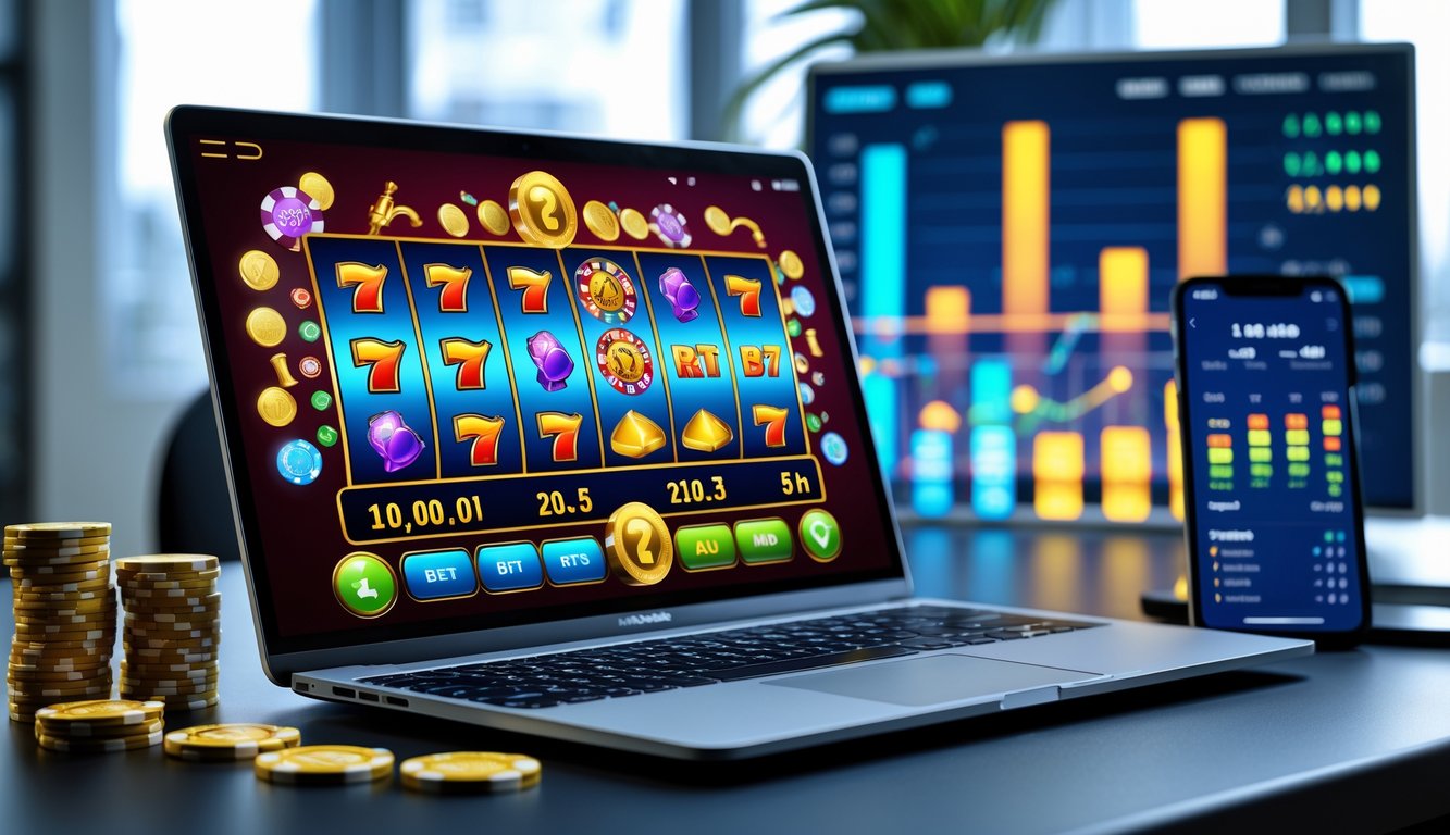 Seorang pengguna di depan laptop yang menampilkan permainan slot online dengan simbol berwarna-warni dan tumpukan chip poker di meja.