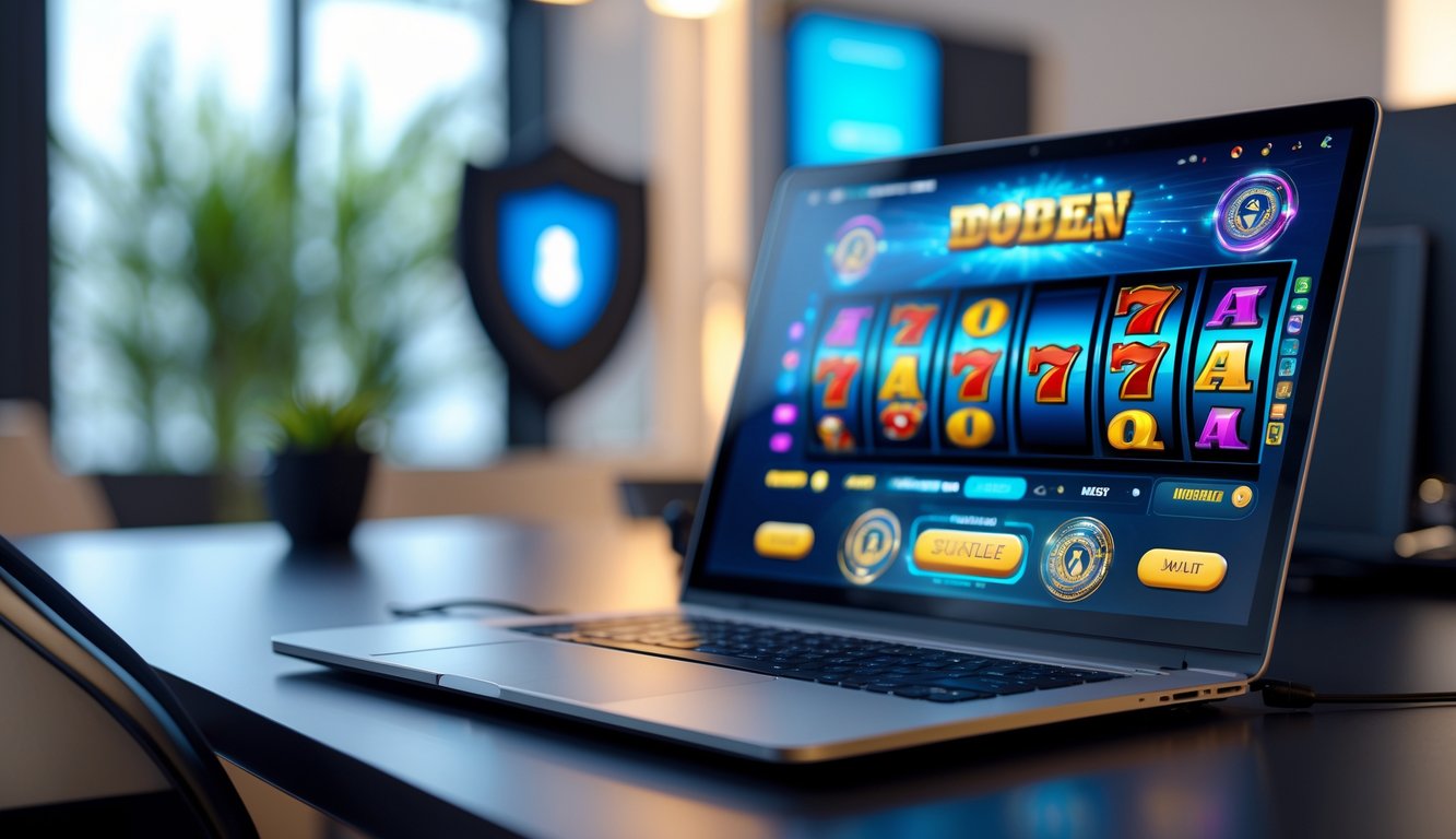 Seorang pengguna sedang bermain mesin slot online di komputer dengan suasana yang aman dan terpercaya.