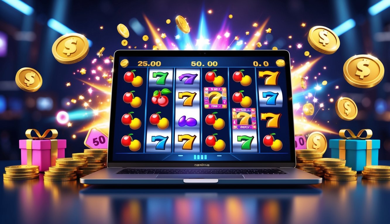 Layar komputer menampilkan mesin slot online dengan simbol warna-warni dan koin berkilau di sekitarnya.