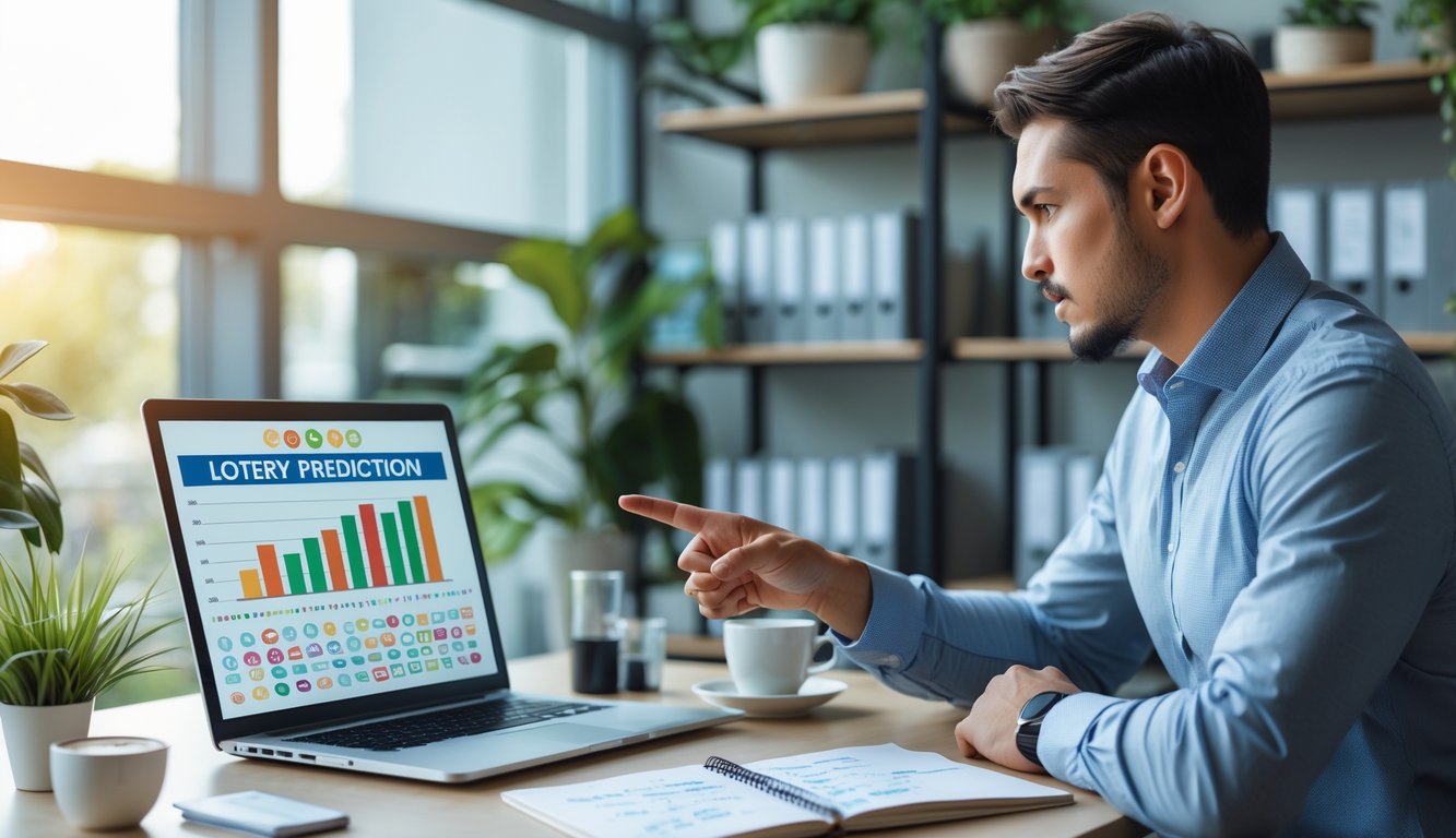 Seseorang sedang menganalisis data prediksi togel di meja kerja dengan laptop dan catatan.