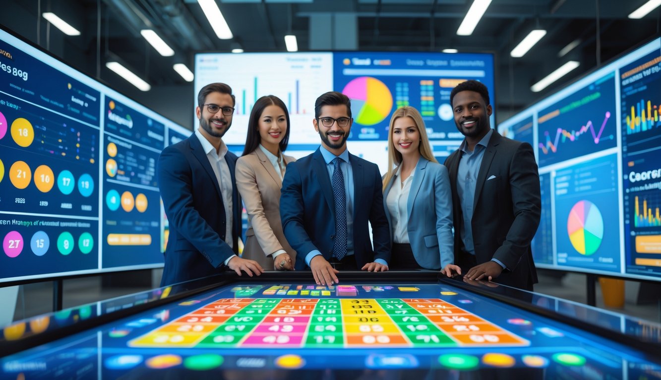Sekelompok profesional bekerja bersama di kantor modern dengan layar digital menampilkan angka dan grafik lotere.