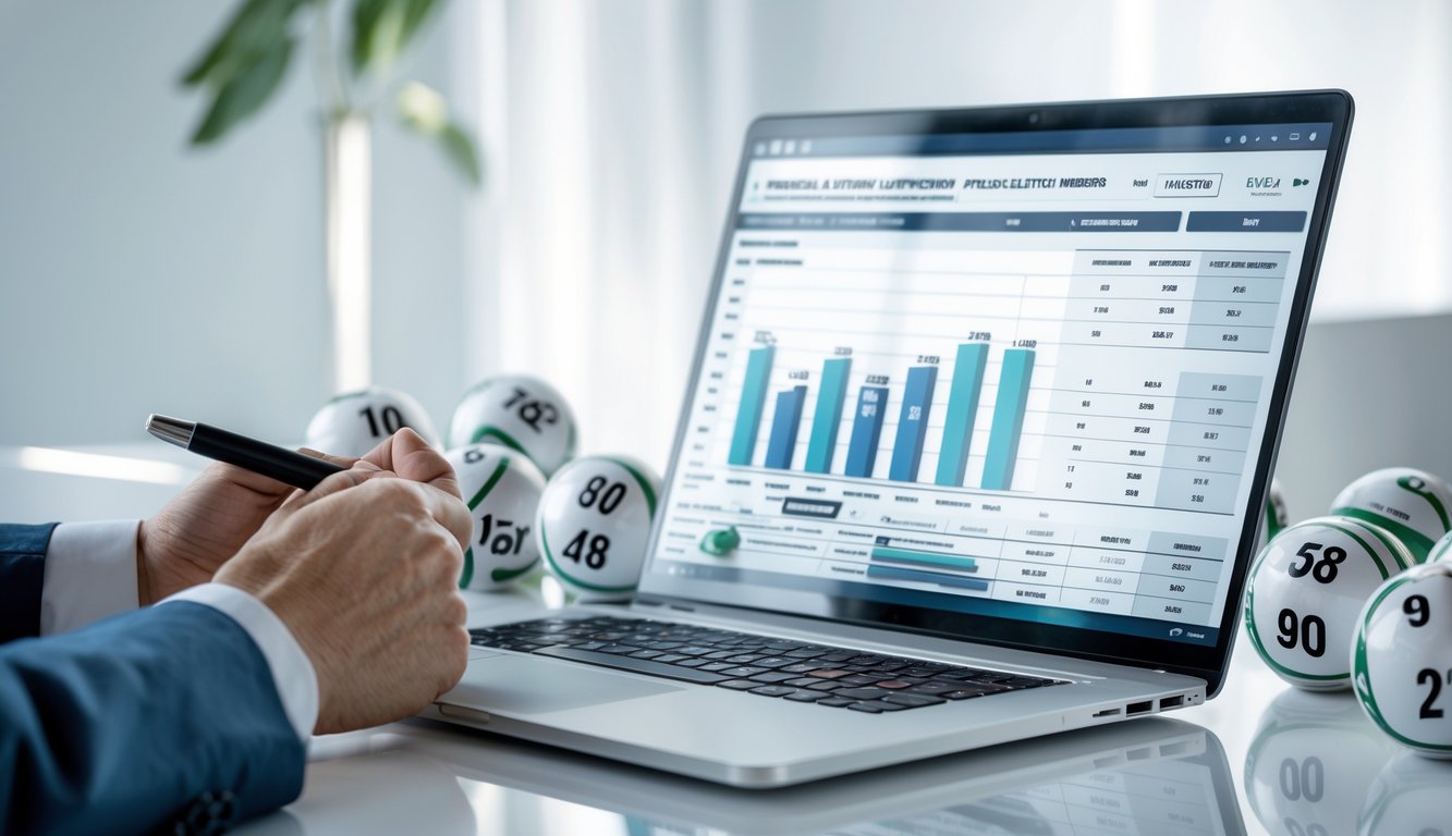 Meja kerja modern dengan laptop yang menampilkan data angka dan bola lotere dengan angka, tangan menunjuk layar.