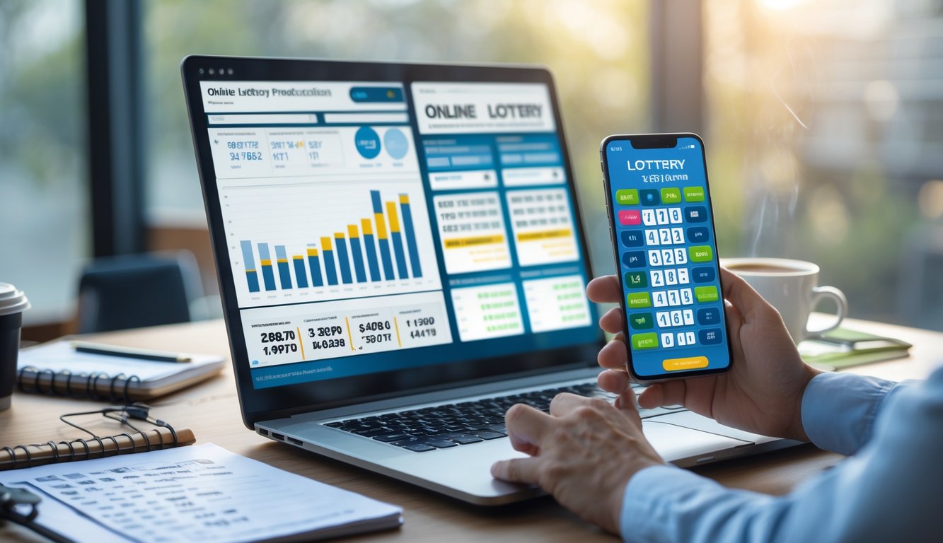 Sebuah meja kerja modern dengan laptop, catatan, ponsel menampilkan aplikasi togel, dan secangkir kopi di sampingnya.