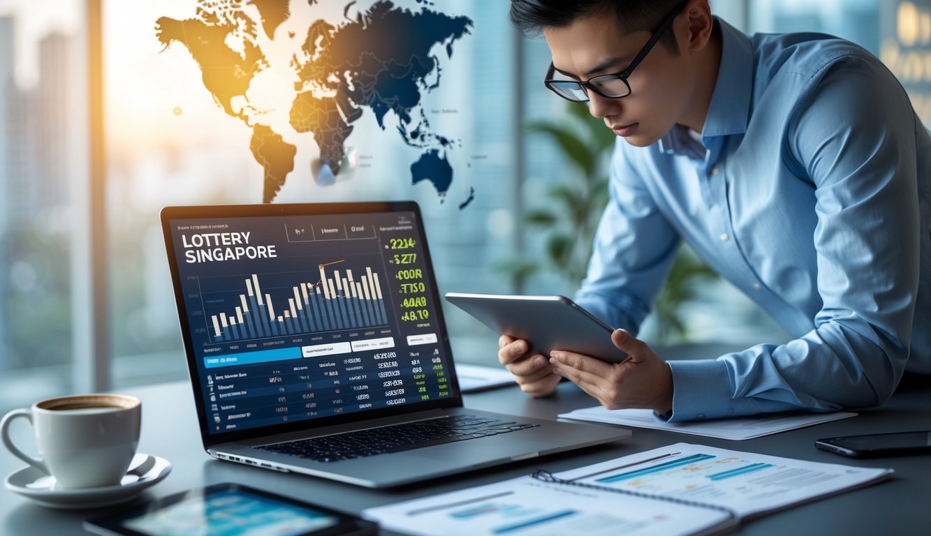 Seorang profesional sedang menganalisis data lotere Singapura di meja kerja dengan laptop dan tablet.