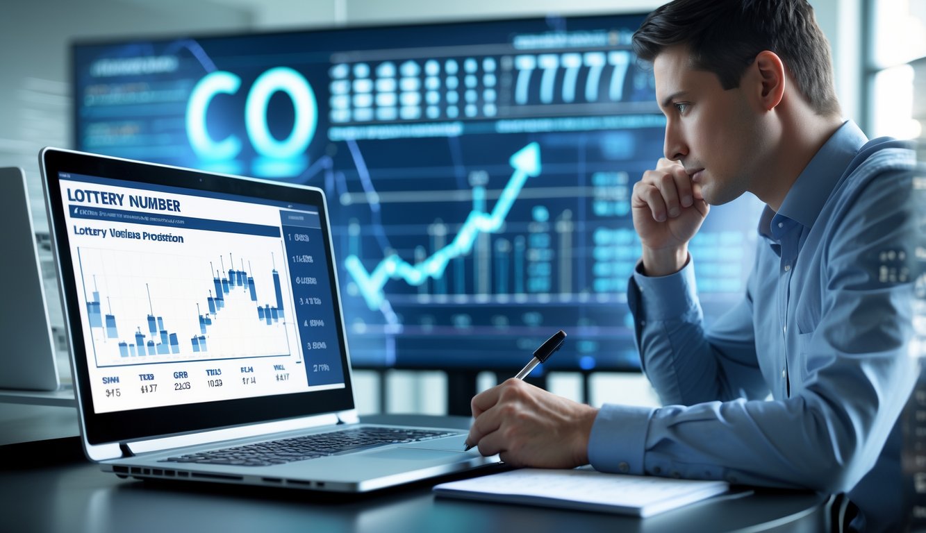 Seorang pria di kantor modern sedang menganalisis data di depan laptop dengan grafik dan angka di layar.