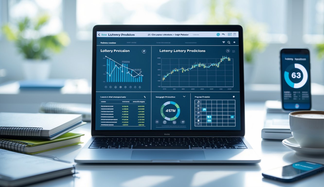 Meja kerja modern dengan laptop yang menampilkan grafik dan data angka, ponsel, buku catatan, dan secangkir kopi di lingkungan kantor yang terang.