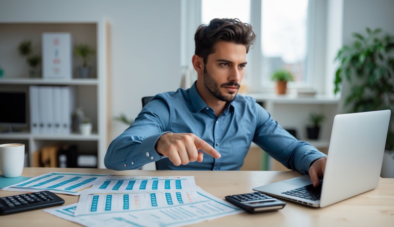 Seorang pria duduk di meja kerja di rumah, memeriksa angka-angka togel di layar laptop dengan serius.