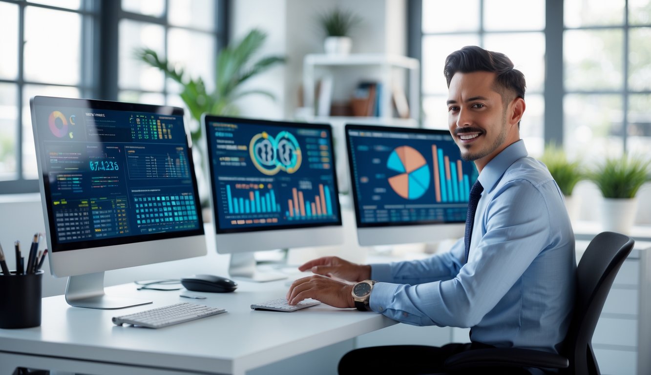 Seorang analis bisnis sedang bekerja di depan komputer dengan grafik dan data di kantor modern yang terang dan rapi.