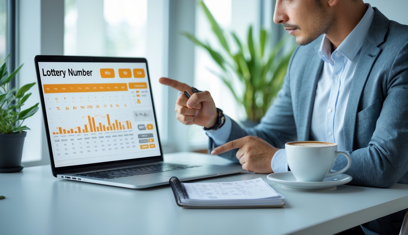 Seseorang sedang menganalisis prediksi angka togel di meja kerja dengan laptop dan buku catatan.