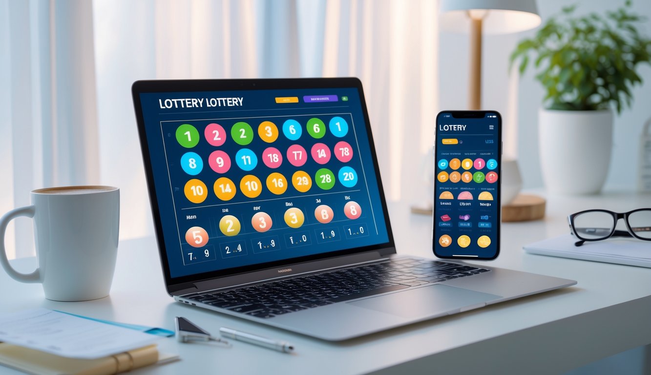 Meja kerja dengan laptop dan ponsel menampilkan angka togel dan grafik, suasana yang rapi dan terpercaya.