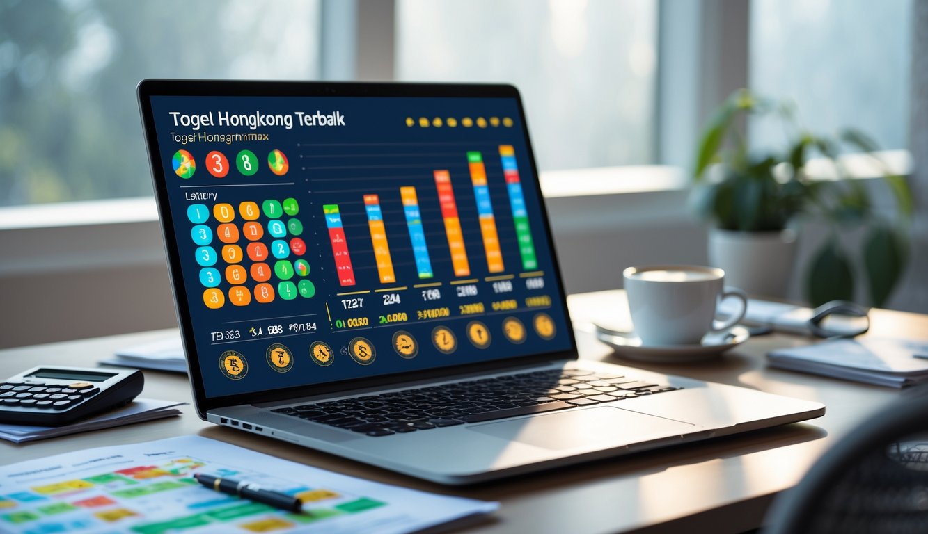 Meja kerja modern dengan laptop yang menampilkan grafik dan angka, kertas rapi, kalkulator, dan secangkir kopi di dekat jendela dengan cahaya alami.