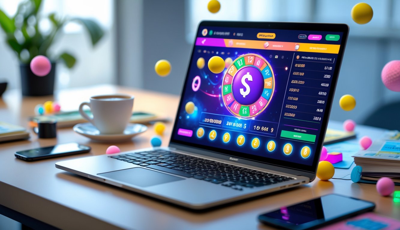 Seorang pria menggunakan laptop dengan layar menampilkan antarmuka lotere digital, dikelilingi bola lotere dan token digital di meja kerja yang rapi.