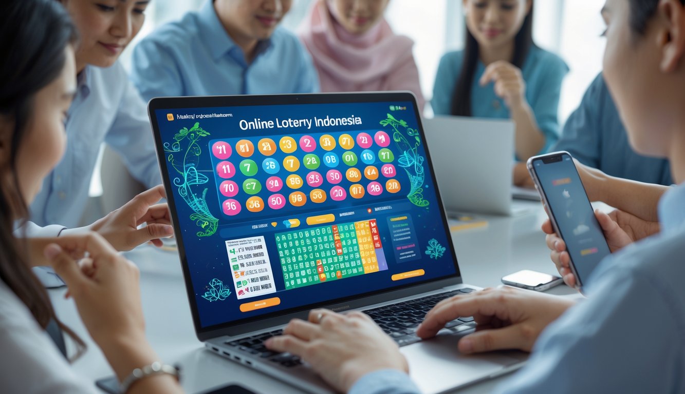Sekelompok orang menggunakan perangkat digital untuk bermain lotere online dengan latar belakang motif budaya Indonesia.