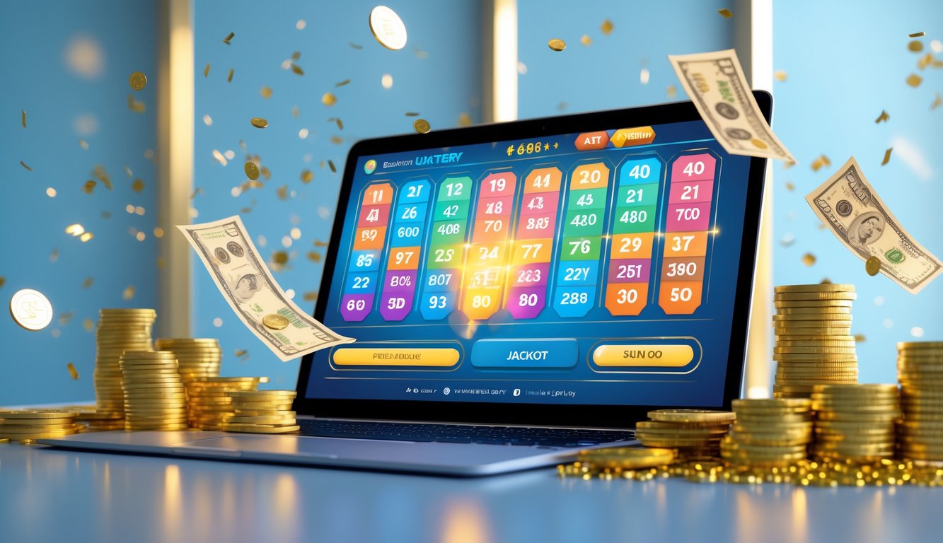 Seseorang menggunakan laptop dengan layar yang menampilkan angka lotere dan simbol kemenangan, dikelilingi oleh koin emas dan tumpukan uang.