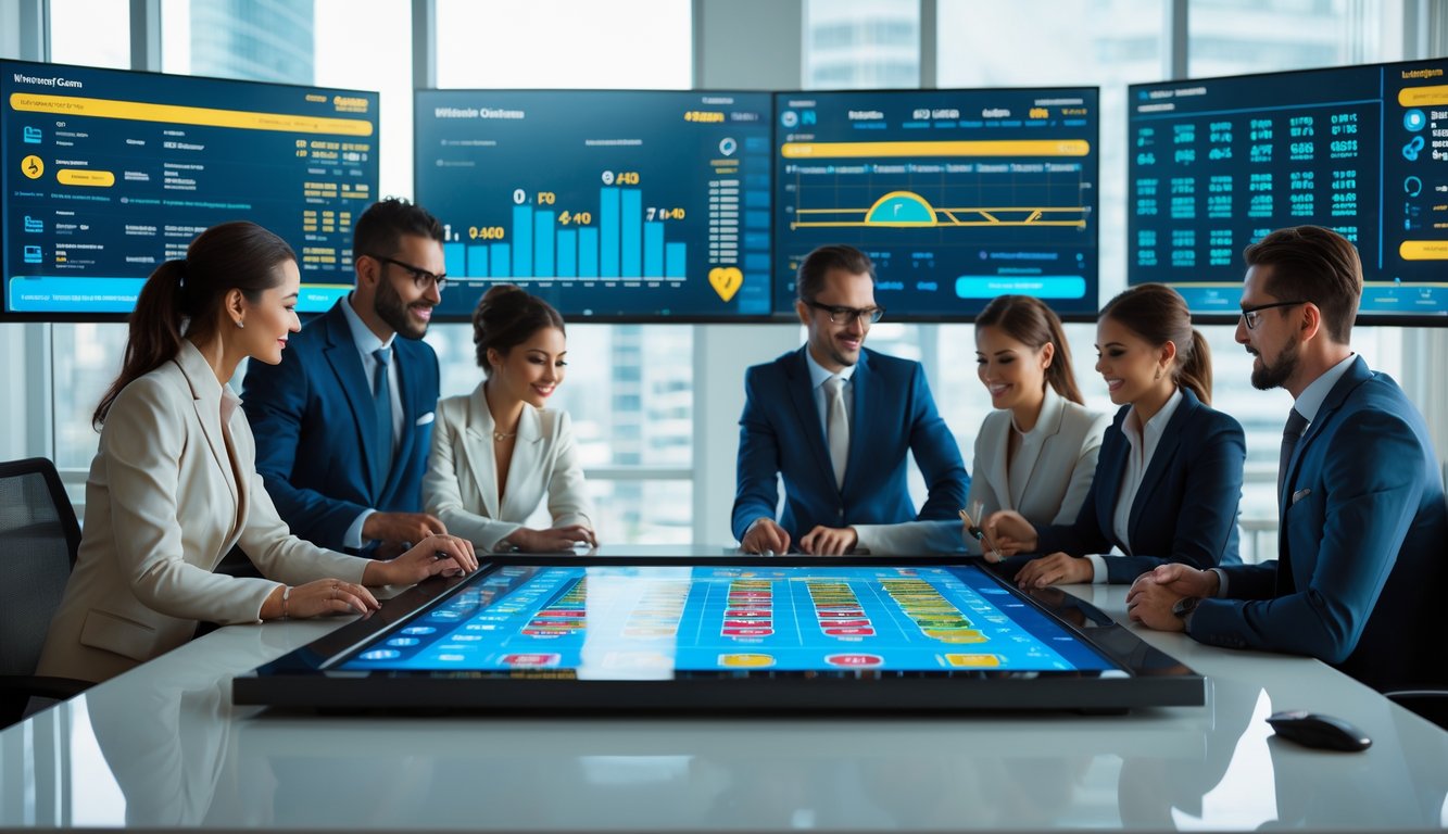 Sekelompok profesional bekerja bersama di kantor modern dengan layar digital yang menampilkan angka dan grafik lotere.