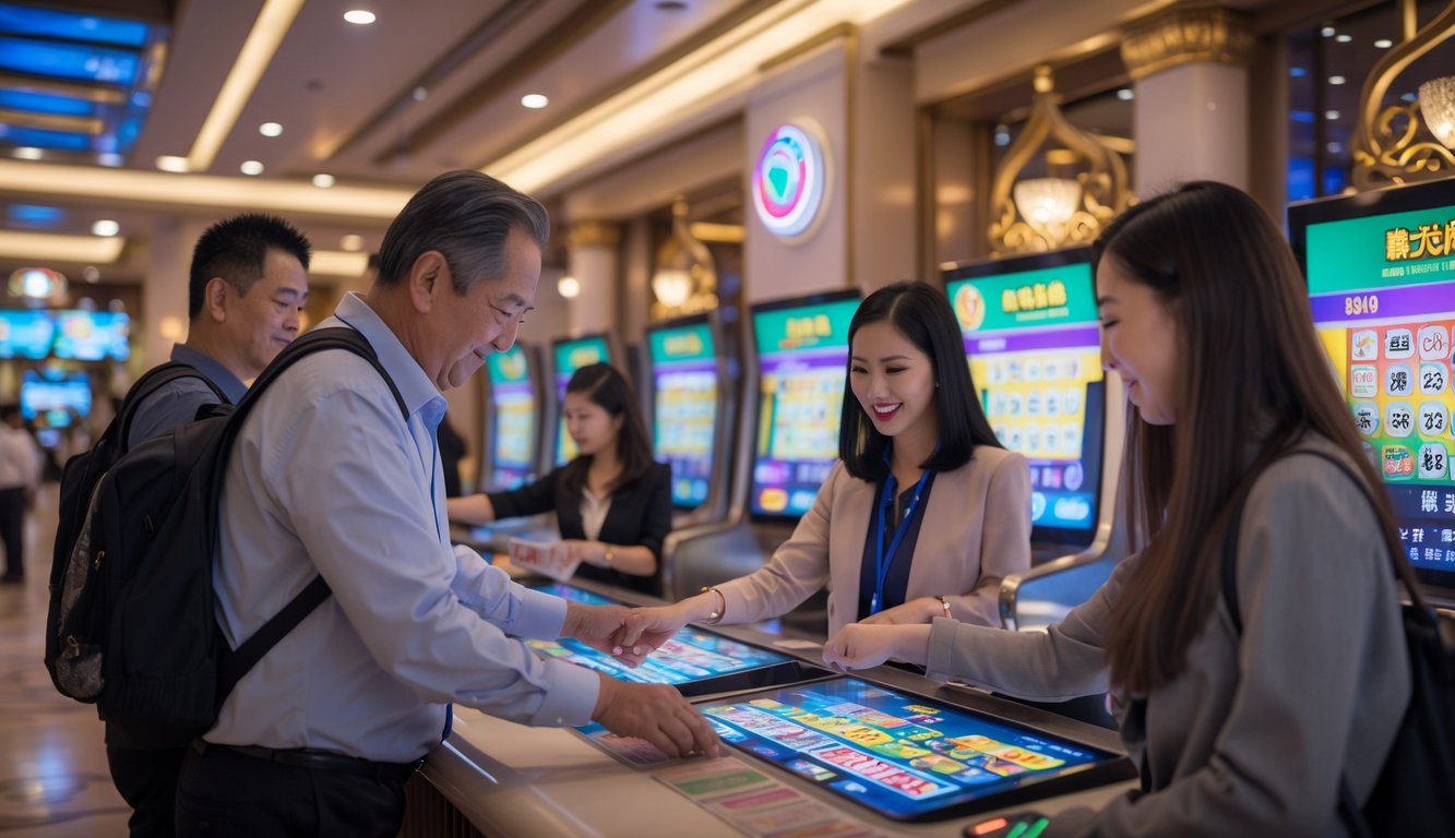 Orang-orang di dalam sebuah tempat lotere di Macau sedang membeli tiket lotere dengan latar belakang arsitektur khas Macau.