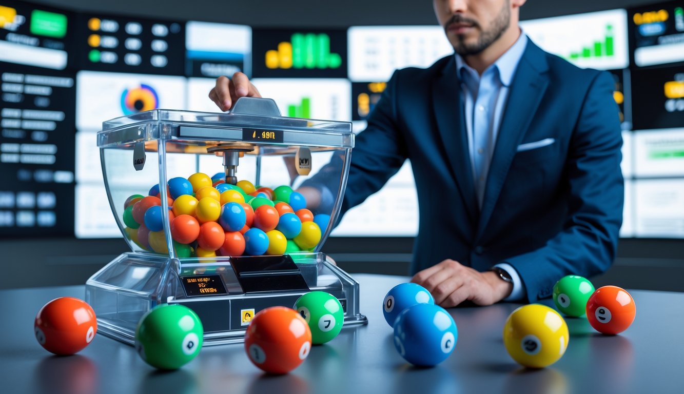 Sebuah studio modern dengan mesin undian lotere transparan berisi bola bernomor berwarna-warni dan seseorang sedang mengoperasikan mesin tersebut.