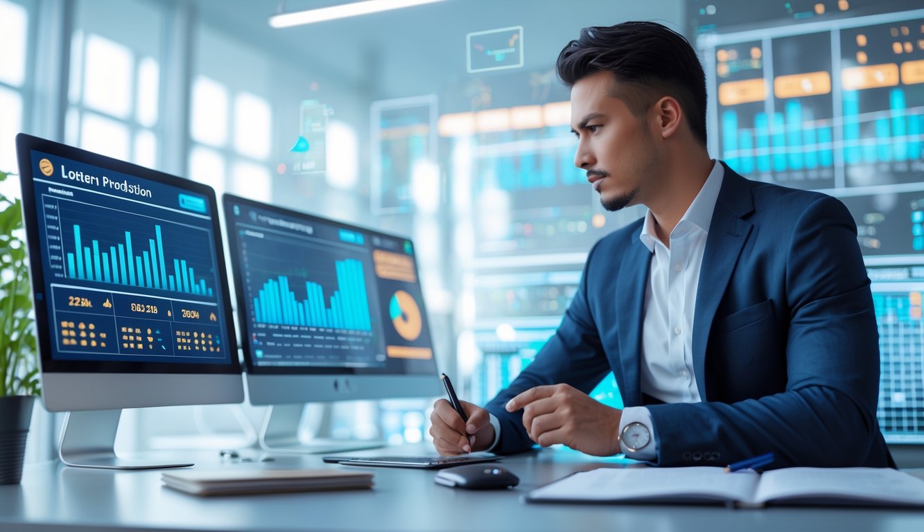 Seorang profesional duduk di meja dengan layar komputer menampilkan grafik dan data, sedang menganalisis prediksi togel.