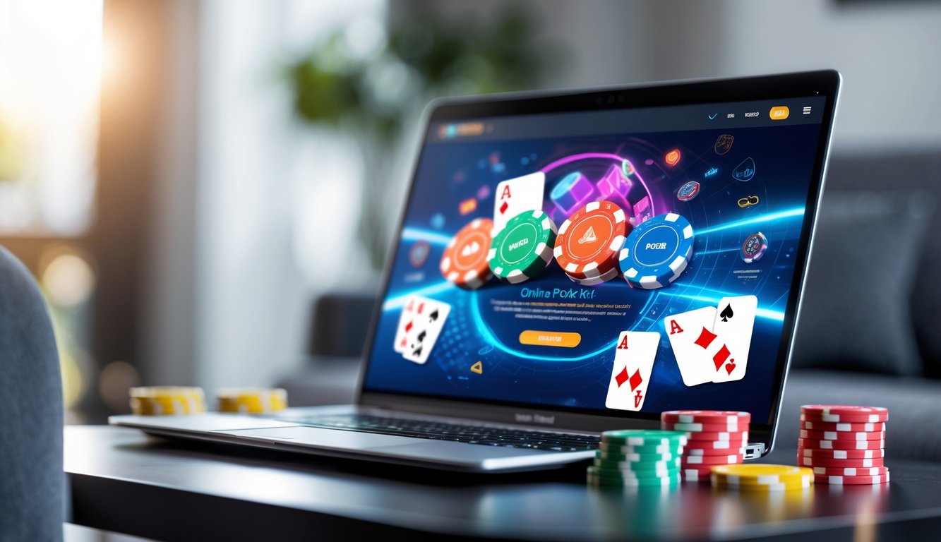 Sebuah laptop dengan permainan poker online yang sedang berjalan, dikelilingi oleh chip poker dan kartu, di lingkungan rumah atau kantor yang nyaman.