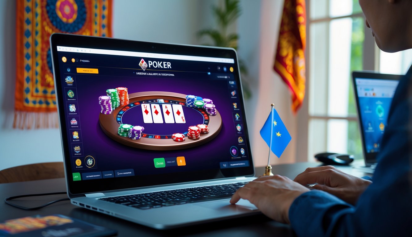 Seorang pemain sedang bermain poker online di depan laptop dengan latar belakang elemen budaya Indonesia.