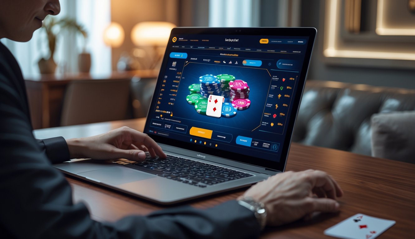 Seseorang bermain poker online dengan komputer di meja kayu di ruangan yang nyaman.