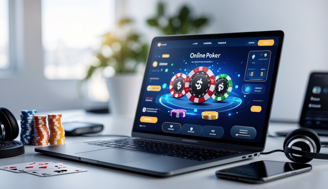 Seorang pemain poker sedang menggunakan laptop dengan chip poker dan kartu bermain di meja kerja yang rapi.