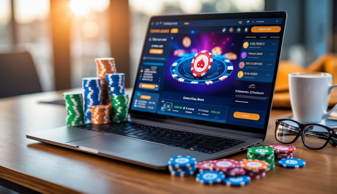 Meja dengan laptop menampilkan permainan poker online, tumpukan chip poker, smartphone, dan kopi.