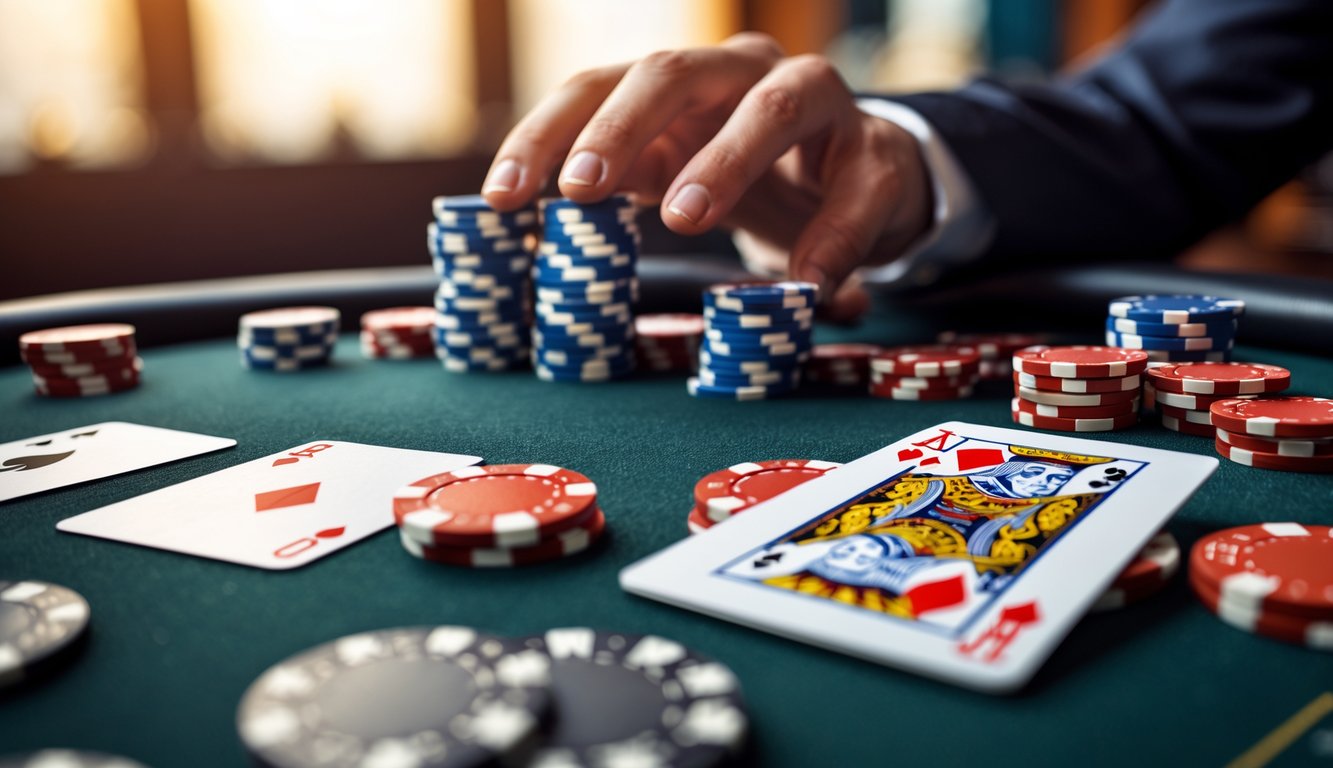 Meja poker dengan tumpukan chip dan kartu yang tersusun rapi tanpa adanya teks.