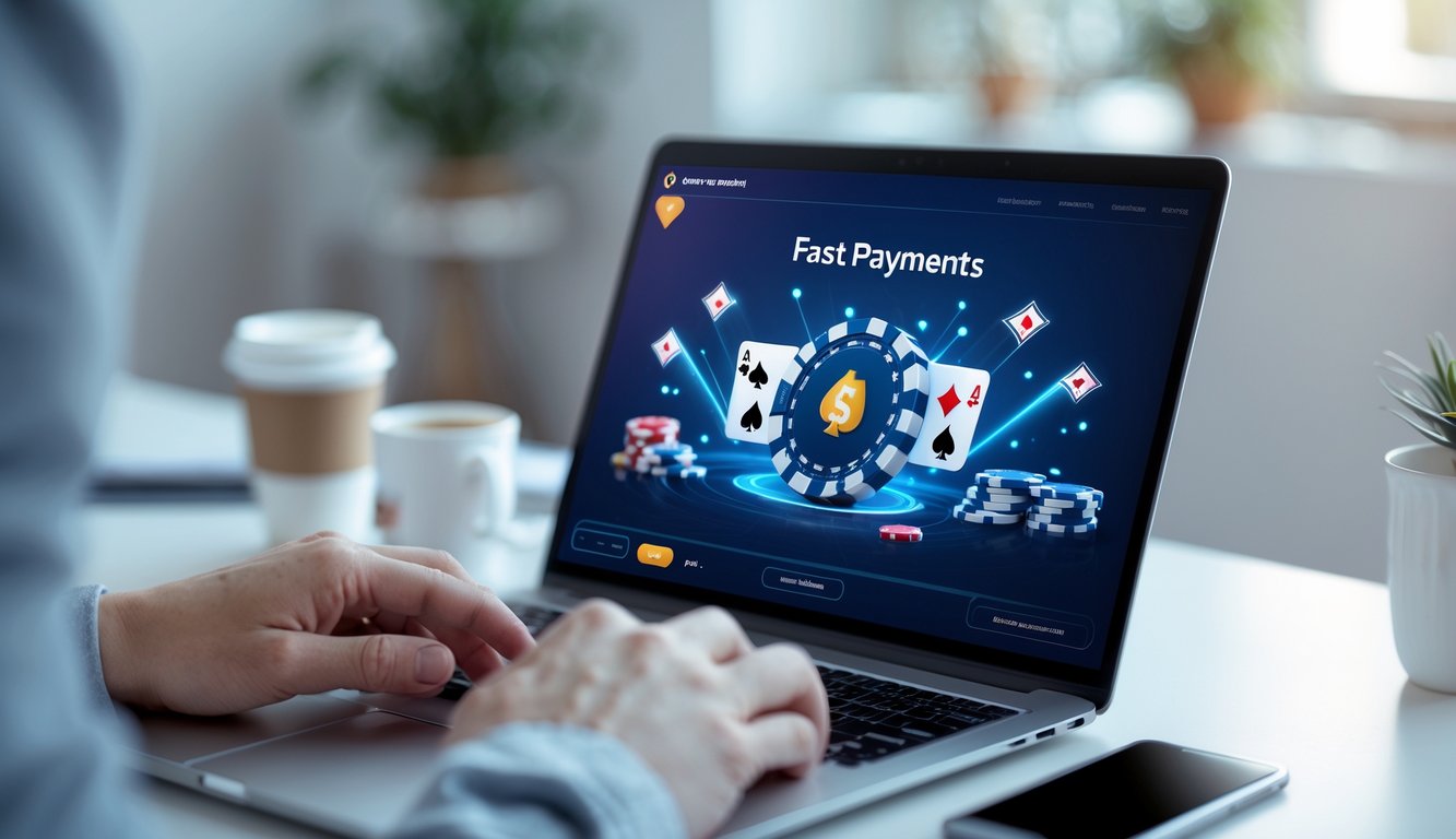 Seseorang bermain poker online di depan komputer dengan tampilan permainan dan simbol pembayaran cepat di layar.