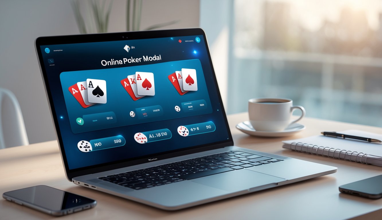 Layar laptop menampilkan antarmuka poker online kecil dengan tumpukan chip dan kartu di atas meja kayu minimalis.