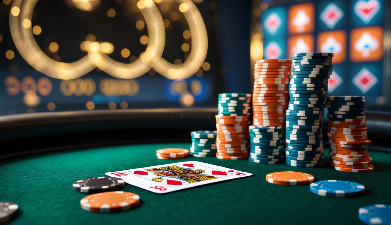 Meja poker mewah dengan tumpukan chip warna-warni dan kartu royal flush, suasana kemenangan jackpot besar.