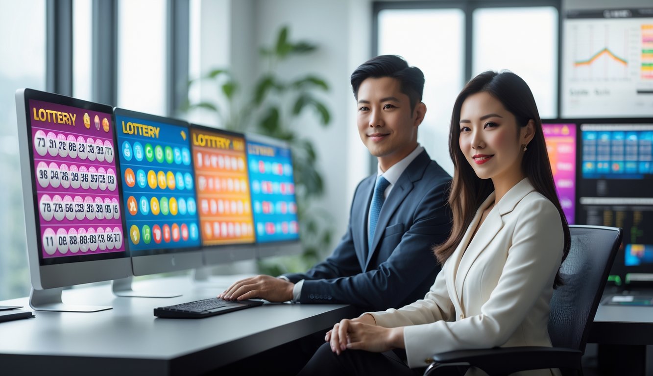 Dua orang profesional sedang bekerja dengan komputer yang menampilkan angka togel di sebuah kantor modern.