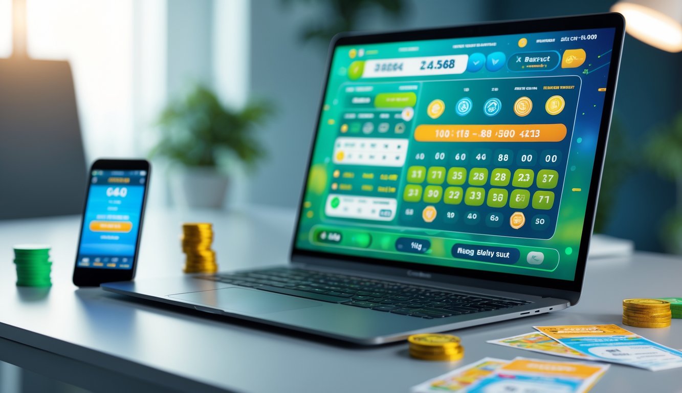 Meja kerja modern dengan laptop yang menampilkan antarmuka togel online, tiket togel, dan ponsel dengan aplikasi taruhan.